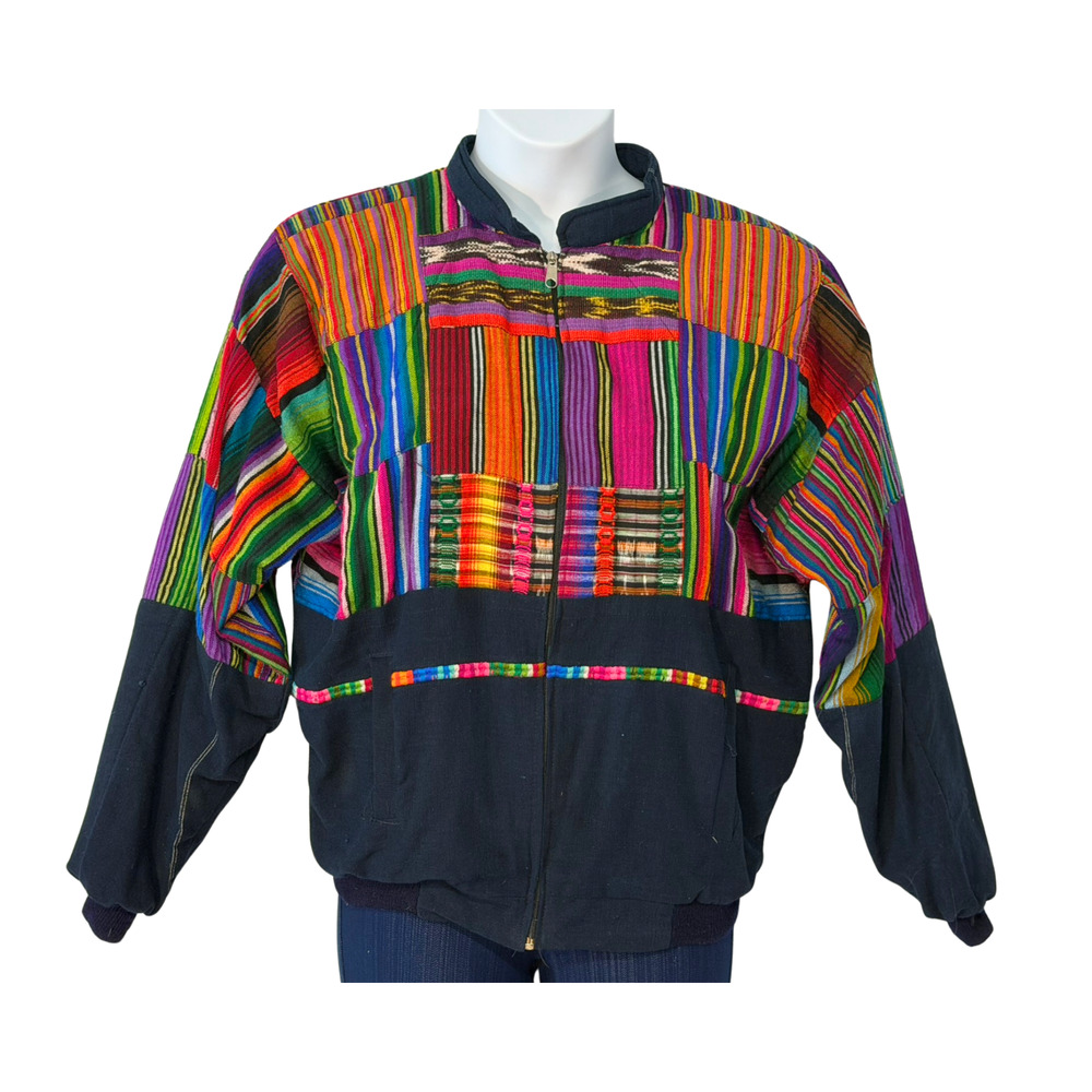Vtg 90's Patchwork Textile Bomber Jacket Unisex L Guatemalan Serape Colorful
